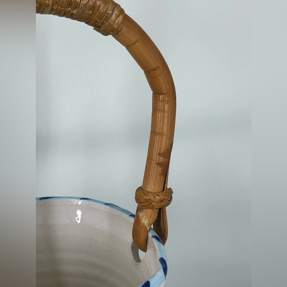 Art Pottery Basket Bamboo Handle Signed “Stevens” Painted Flowers Pansies - Picture 12 of 16